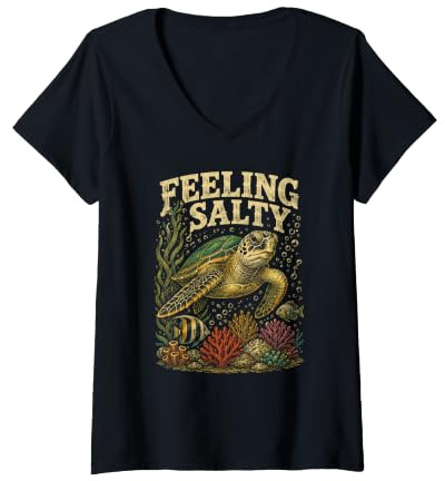 Damen Feeling Salty Sea Turtle Marine Life and Ocean Lovers T-Shirt mit V-Ausschnitt