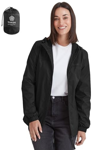 TOG24 Craven Damen Regenjacke Leicht Wasserdichte Outdoorjacke Atmungsaktive Windbreaker Faltbar Übergangsjacke Fahrradjacke mit Kapuze für Frauen Schwarz 38