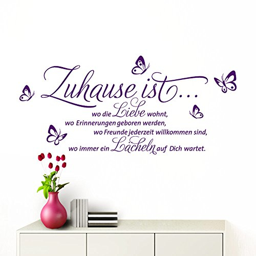 Grandora Wandtattoo Zuhause ist I violett (BxH) 100 x 53 cm I Schmetterlinge Wohnzimmer Spruch Aufkleber selbstklebend Wandaufkleber Wandsticker W1133