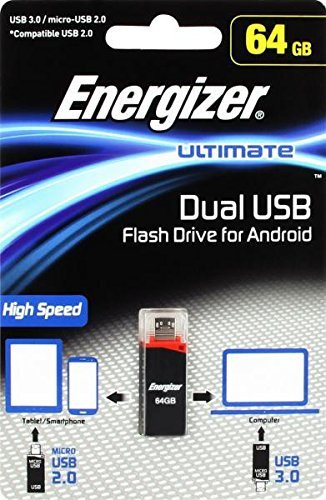 Energizer Clé USB 64 Go OTG Double Connectique - Lecteur Flash Portable pour Smartphone Android, PC et Mac, Stockage Externe - Noir