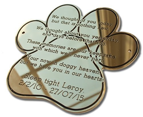 4 wide paw shape solid brass engraved nameplate. Personalised engraved memorial plaque