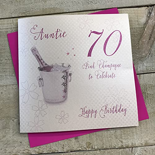 WHITE COTTON CARDS Pink Champagne, Auntie 70 Happy Birthday Handmade 70th Birthday Card, White, WBA70P-A