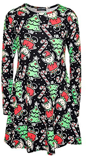 A2Z 4 Kids Girls Dress Christmas Dress Round Neck Full Sleeves - Xmas Dress Elves Candy Print 5-6