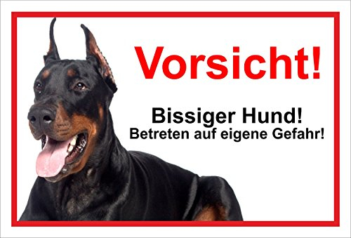 Melis-Folienwerkstatt Schild Warnschild Vorsicht freilaufender Hund – Dobermann Achtung Bissiger Hund – 20x30cm – S22B