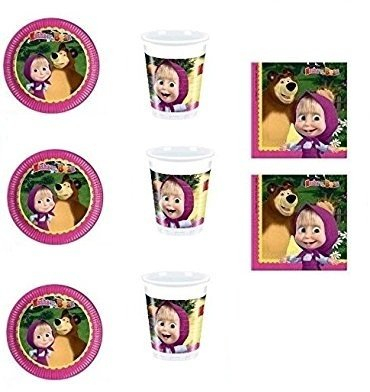 Cdc -kit n°4 festa e party Masha e Orso- (32 piatti, 32 bicchieri, 40 tovaglioli)