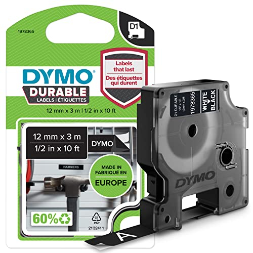 DYMO Original D1 Hochleistungs-Etikettenband | weiß auf schwarz | 12 mm x 3 m | permanent haftendes Vinyl- Schriftband | für LabelManager-Beschriftungsgerät