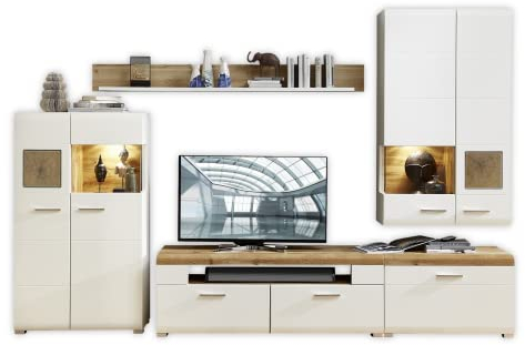 Stella Trading Fun Plus Wohnwand Komplett-Set mit schönen Hirnholz-Applikationen & Eiche Dekor - Moderne Schrankwand für Ihr Wohnzimmer - 320 x 205 x 47 cm (B/H/T)