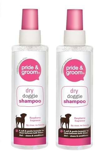 Dry Doggie Shampoo - No Rinse, No Hassle - Raspberry Fragrance - 2-in-1 Cleans and Conditions - 200ml Bottle Spray - Pack of 2 - Gentle Formula for Clean, Fresh Dogs Between Baths by Pride & Groom