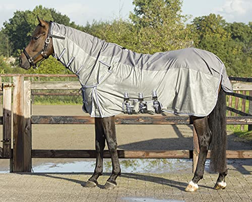 QHP Fliegendecke Combo mit Hals Check 3 Bauchgurte Frontverschuss Gehfalten (135 cm, Grau)