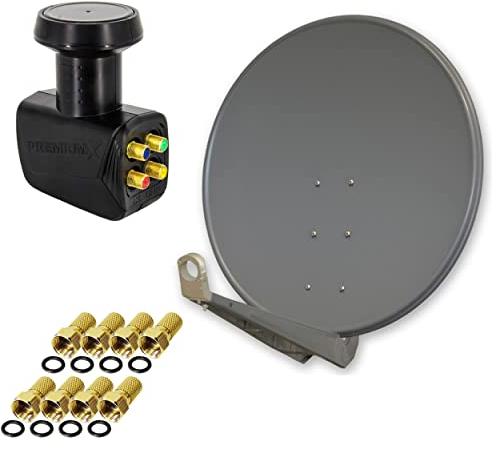 Premium X Deluxe 100 cm Anthrazit Sat Antenne Satelliten Schüssel Spiegel Alu mit einem Quad LNB 4 Teilnehmer für den Direktanschluss mit F-Stecker