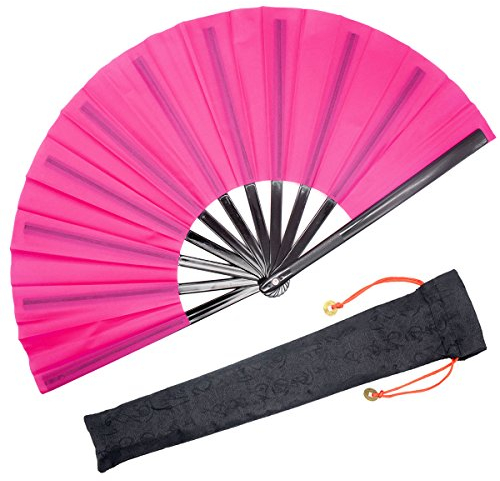 OMyTea Chinese Kung Fu Tai Chi Large Hand Folding Fan for Men/Women - With a Fabric Case for Protection - For Performance/Dance/Fighting/Gift (Pink)