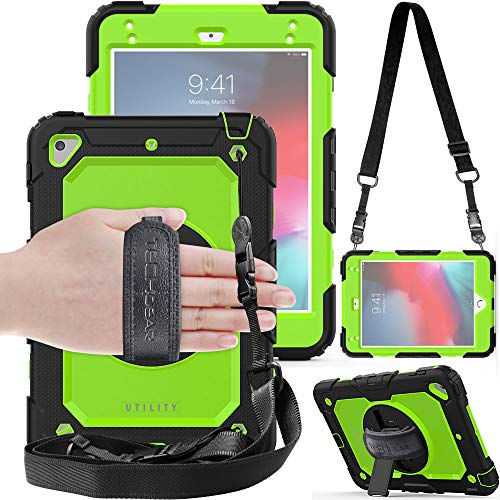 TECHGEAR UTILITY Case fits Apple iPad Mini 5th Gen 2019 / iPad Mini 4 Tough Rugged HEAVY DUTY Armour Shockproof Protect Case 360 Degree Rotating Stand, Hand Strap and Shoulder Strap Case, Green/Black