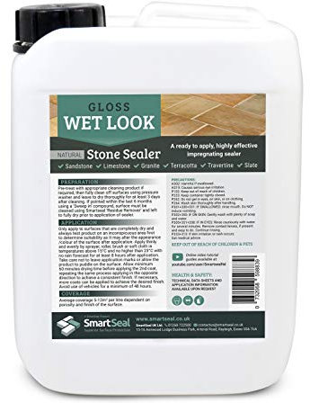SmartSeal's Natural Stone Sealer - 'Wet Look' Finish - Professional Grade, Easy to Apply for Sandstone, Limestone & Slate. Durable Gloss Patio Sealer (5 Litres)