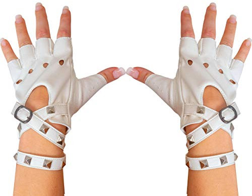 Skeleteen Fingerlose Kunstlederhandschuhe – weiße Biker-Handschuhe mit Gürtelverschluss und Nieten-Design für Damen und Kinder