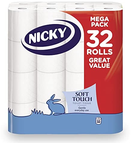 Nicky Soft Touch Toilet Tissue |Extra Value Pack – 32 Rolls of Extra Gentle White Toilet Paper |190 Sheets per Roll| 2-ply | Soft Tissue | Modern Embossing |Easy Opening | 100% FSC Certified Paper