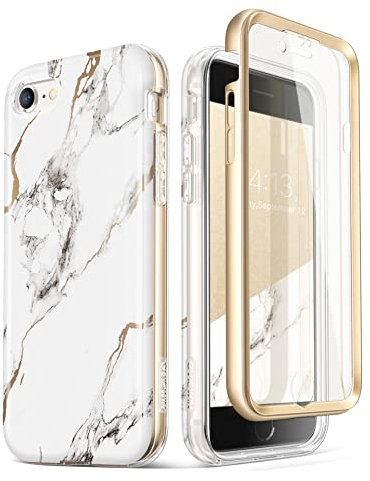 GVIEWIN Kompatibel mit iPhone SE 2022 Hülle/iPhone 2020 Hülle/iPhone 8 Hülle/iPhone 7 Hülle 4.7 Zoll, Marmor TPU Schutzhülle mit Eingebauter Displayschutzfolie Stoßfeste Handyhülle, Weiß/Golden
