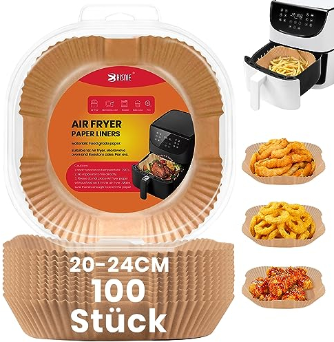100 Pezzi Carta Forno Per Friggitrice Ad Aria, BISNIE Teglie Per Friggitrice Ad Aria Quadrati, Antigrasso Antiaderente Fodera in Carta Monouso per 5.0-6.0L Air Fryer, Forno, Padelle, Microonde(20cm)