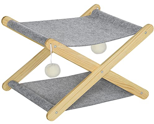 PawHut Lit Pliable pour Chats hamac 2 Niveaux en Bois et Feutrine avec Jeu Boules suspendues - dim. 52L x 42l x 33,5H cm