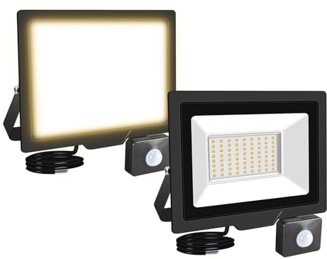 RIGIDON 2x 50W 5000LM Aussenleuchte Bewegungsmelder Led Strahler, Außen Leds Lampe, 3000K Warmweiß Wasserdicht Flutlicht Außenleuchte, Für Garten Garage Carport Hauswand