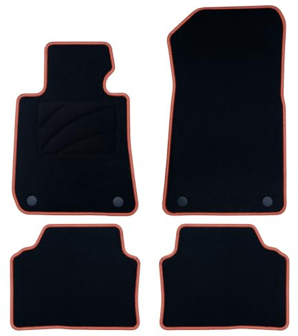 OCC DESIGN - Maßgeschneiderte Fußmatten, passend für BMW E46 Cabrio (2000-2007), hochwertiger Teppich, Velours/Polypropylen, Originalverankerung, rutschfest, Fersenschale, orangefarbener Zierstreifen