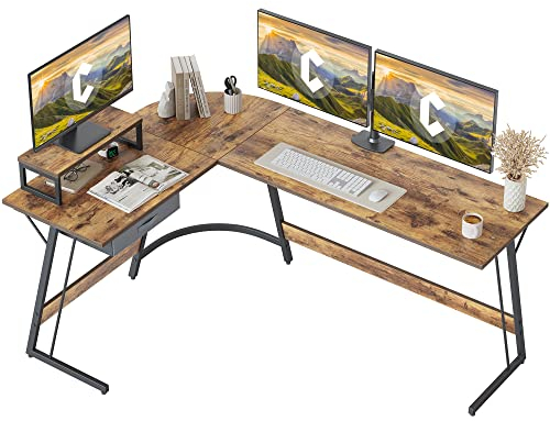 CubiCubi Eckschreibtisch Studie 170 x 120 cm, Stabil Schreibtisch l Form für Büro, Computertisch Mit Monitorständer und Schubladen, Platzsparend, Einfach zu Montieren Eck Tisch, Braun