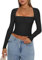 YILEEGOO Women Y2K Long Sleeve Tops Sexy Low Cut Square Neck Basic Tops Blouse Casual Slim Fit Solid Color Crop Top Tight T-Shirt (Black, M)