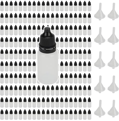 KEILEOHO 200 PCS 10ml Black Empty Dropper Bottles, Eye Empty Dropper with 10 Small Funnels, Squeezable Dropper Bottle for Paint, Essence