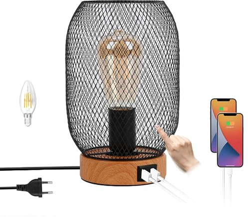 Holz Tischlampe mit Stecker und Schalter Retro E27 Tischleuchte Touch Dimmbar Nachttischlampe mit 2 USB Anschlüssen Industrial Tischbeleuchtung für Schreibtisch Wohnzimmer Kinderzimmer Büro Nachtlicht