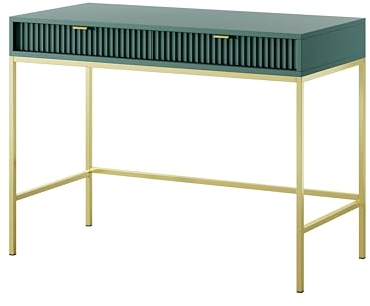 BETTSO - Nova T-104 - Konsolen - Schminktisch - Beistelltisch - Kommode - Deko Wohnzimmer - Wohnzimmertisch - mit 2 Schubladen - Geriffelt, Schmal - Glamour - Grün - mit goldenen Griffen