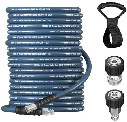 150 FT Pressure Washer Hose 3/8'' - Kink Resistant Steel Wire Braided, Wear Resistant, 3/8 Stainless Steel Quick Connect, with M22 14mm Adapter Set, Hot and Cold Water Power Washer Hose, 4200 PSI