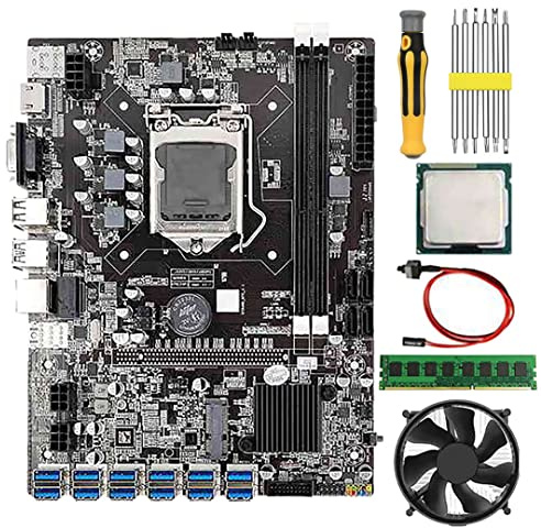 Knadgbft B75 BTC Mining Motherboard G530/G630 CPU+8G DDR3 RAM+Fan+Screwdriver+Switch Line 12 USB3.0 GPU Slot LGA1155 DDR3 SATA3.0