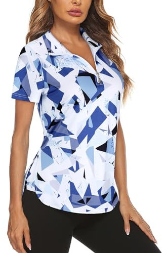 Gemulate Gym Clothes for Womens Golf Tops Short Sleeve Floral Polo Shirts Golf Tennis Zip Up Workout Sports Top Light Blue L