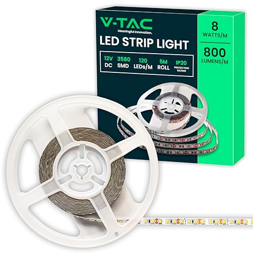 V-TAC LED-Streifen für den Innenbereich, SMD 3528, 8 W, 5 Meter, selbstklebend, für Haus, Küche, Schlafzimmer, Innenräume – LED-Streifen Helligkeit 800 Lumen – Stromversorgung 12 V – Warmweiß 3000 K