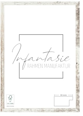 Infantasie 'N°2' Bilderrahmen 60x110 handgefertigt nach Maß | Vintage Weiss | MDF Holz-Design Collage Rahmen inkl. Kunstglas und Metall Aufhänger (Querformat & Hochformat)