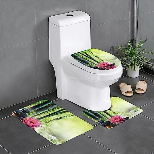 EVIUS Lot de 3 tapis de salle de bain antidérapants + tapis contour WC + tapis de bain en bambou vert lotus décoration picturale combinaison parfaite de luxe et de confort