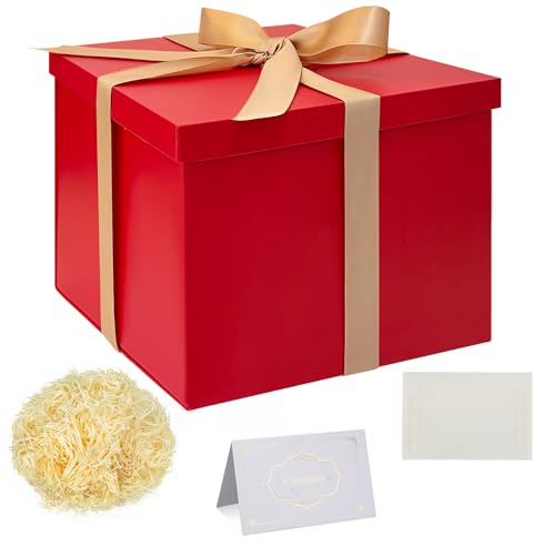 Rot Geschenkbox mit Deckel 23x23x18cm Tiefe Geschenkbox mit Schleife zerrissenes Seidenpapier Grußkarten für Weihnachten Geburtstag Hochzeitstag