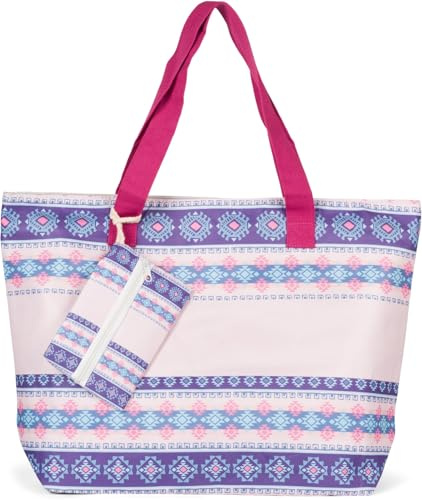 styleBREAKER Damen Strandtaschen Set Azteken Muster | 57,5x40x15 cm, Reißverschluss, 68 cm gewebte Henkel. Inkl. 19x13 cm Etui für Wertsachen. Geräumiger Boho-Shopper für Familie.