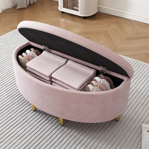 ModernLuxe Ottoman Storage Bench, Upholstered Velvet Blanket Box, End of Bed Storage Bench with Metal Legs, Footstool with Storage, Suitable for Hallway, Living Room, Bedroom, 90x40x42cm, Pink
