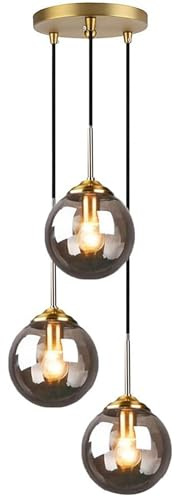 Tropibed Modern Globe 3 Pendant Lights, Glass Ball Pendant Lighting for Kitchen Island Dining Room Bedroom Farmhouse Pendant Lighting Fixtures, Ceiling Hanging Light (Smoke Gray)