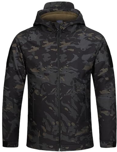 QIYUANT Kinder Outdoor Taktische Bekleidung Camo Softshell Jacke & Hose Sets Fleece Gefüttert Airsoft Militär Camouflage Winter Kampf Jagd Wandern Camping für Junge Mädchen (Schwarz CP/Jacke, 140)