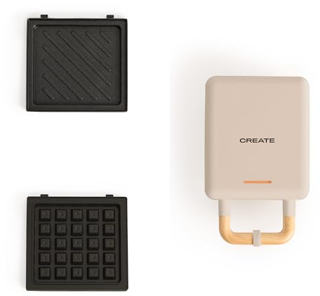 CREATE/STONE STUDIO/Sandwichmaker und Waffeleisen in Sand / 2 austauschbare Antihaftplatten, 1 Scheibe, 100º Offnung, BPA-frei, 105º Öffnung, Cool-Touch-Griff, 600W