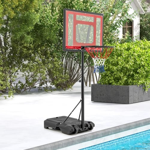 GOPLUS Panier de Basket pour Piscine, But de Basket Portable et Cerceau Réglable en Hauteur avec Roues et Base Remplissable, pour Intérieur et Extérieur, Enfants, Adolescents, Adultes, Rouge