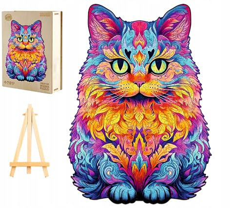 PASJO Holzpuzzle Erwachsene mit Katzemotiv 280 Teile 37x26,7 cm Mini-Staffelei Unregelmäßige Einzigartige Tierförmige Teile im Holzschachtel
