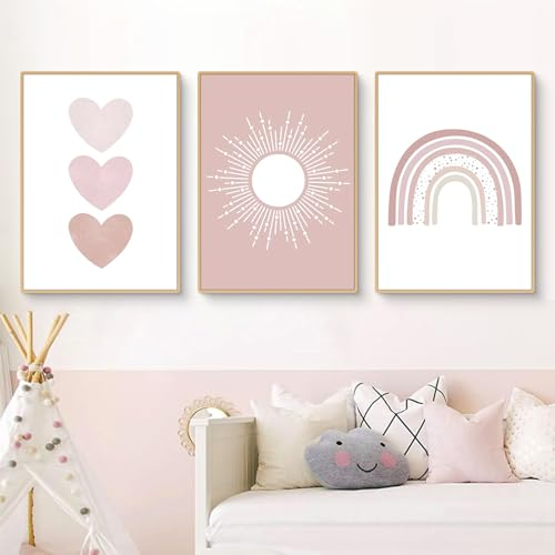 Ueiwffzo 3er Poster Set Bilder Kinderzimmer Mädchen Rosa Regenbogen Bilder, Babyzimmer Deko Leinwand Bilder Wandbilder, Wandposter Babyzimmer Deko, Ohne Rahmen (40x50cm)