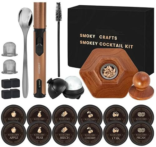 23Pcs Whiskey Smoker Kit with Torch-12 Wood Chips, Ice Ball Molds, Cocktail Smoker Infuser Kit, Old Fashioned Drink Smoker Kit, Birthday Bourbon Whiskey Gifts Valentine's Day Gifts for Men,