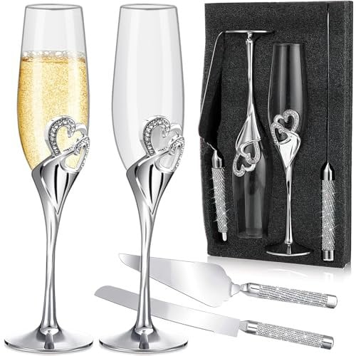 Xaztr Champagne Flutes, Wedding Champagne Flutes Gift Set Engraved Flutes Cake Knife and Server Set, Toasting Glasses with Rhinestone Hearts for Bride Groom, Wedding Anniversary(Silver)