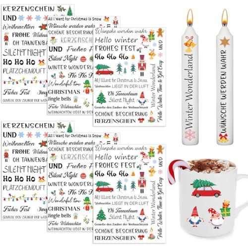 Yomover Kerzentattoos Weihnachten Rub on Sticker - 6Stück Advent Kerzen tattoos, Rub on Folie Aufkleber, Transferaufkleber, Kerzenfolie, Kerzenaufkleber für Keraflott Möbel Glas Holz DIY Deko