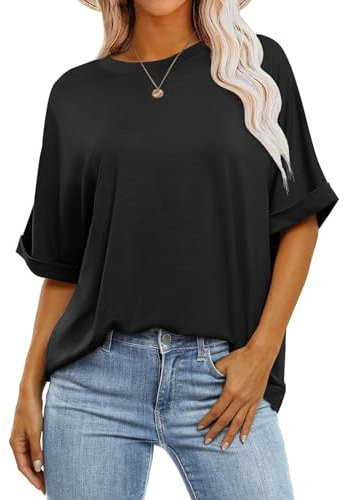 Cuptacc T-Shirt Damen Oversize Shirt Damen Oberteile Sommer Top Locker Rundhals Cute Tunika Elegant Schwarz XXL 50-52