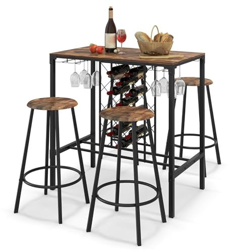 RELAX4LIFE Bartisch Set 5-Teilig, Esstisch mit 4 Barhockern, Weinregal & Glashalter, Küchentisch mit Barstühlen, Stehtisch im Industrie-Stil, für Küche, Vintagebraun-Schwarz