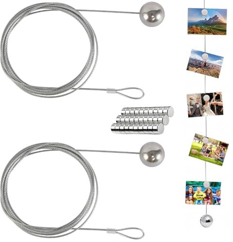 Câble Photo Magnétique,2 PCS Porte Photo Fil 2.5M avec 30 Aimants Porte Photo Mural en Fil d'Acier Tressé pour Accrocher Photos Cartes Postales Fil Photo Magnétique avec Crochet-Anneau pour Mur